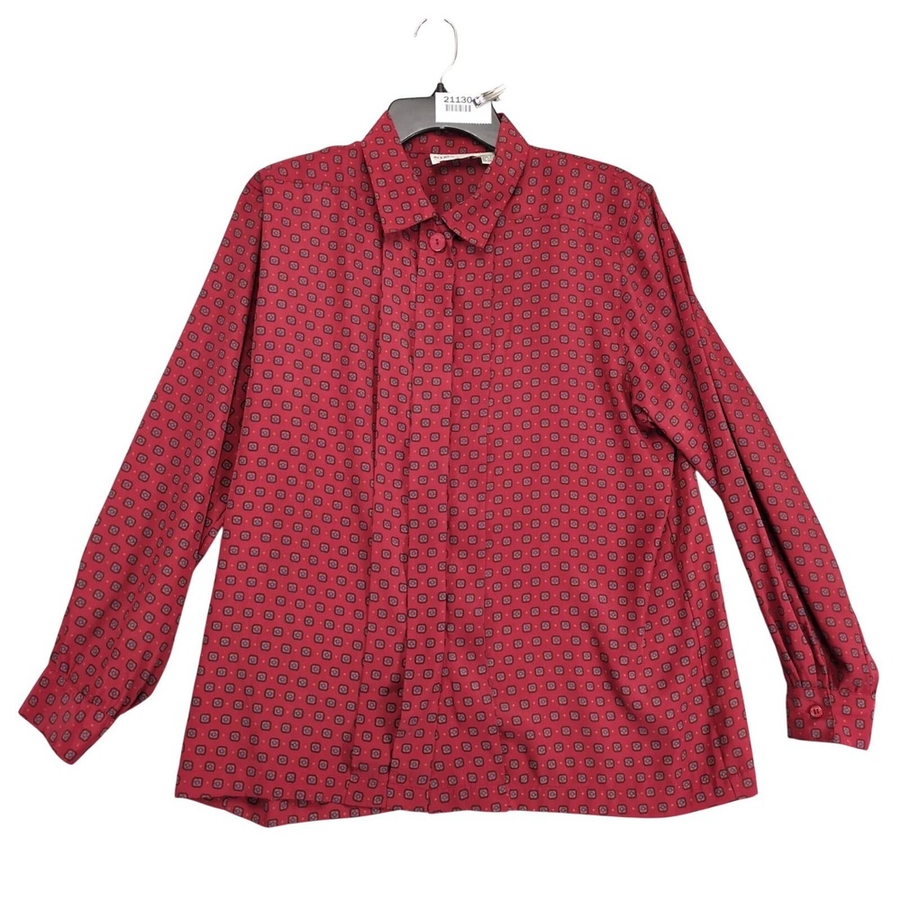 Vintage 80s Alfred Dunner Red Blouse Top Sz 16 Silky Geometric Librarian Chic‎